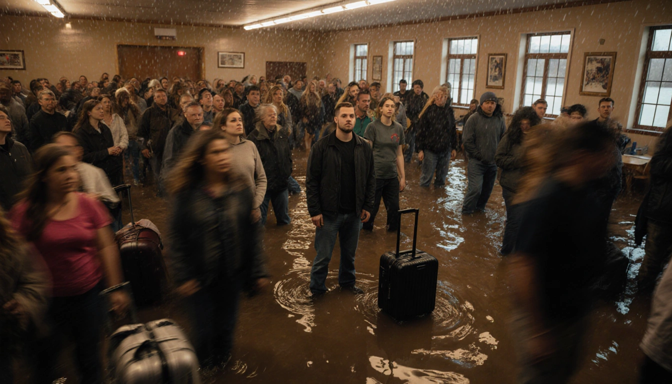 Travis Guenther and family sheltering in a flooded community center with blurred motion and warm light.
