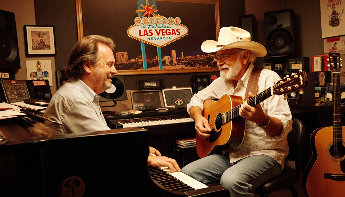 Mac McAnally strumming guitar with Jimmy Buffett beside in beach-inspired attire amid vinyl records and a studio backdrop.