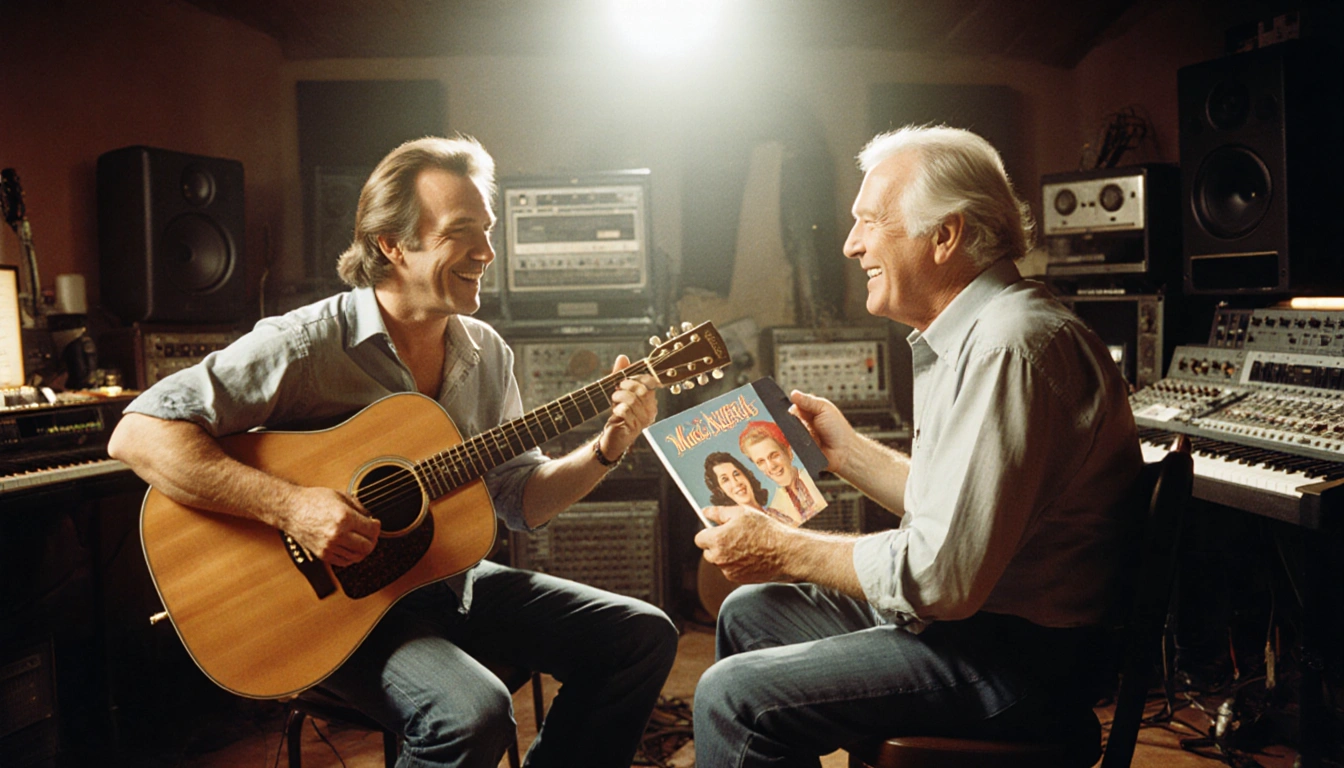 Mac McAnally sits with guitar while Jimmy Buffett holds his debut album in a dim studio with vintage gear and warm lighting.