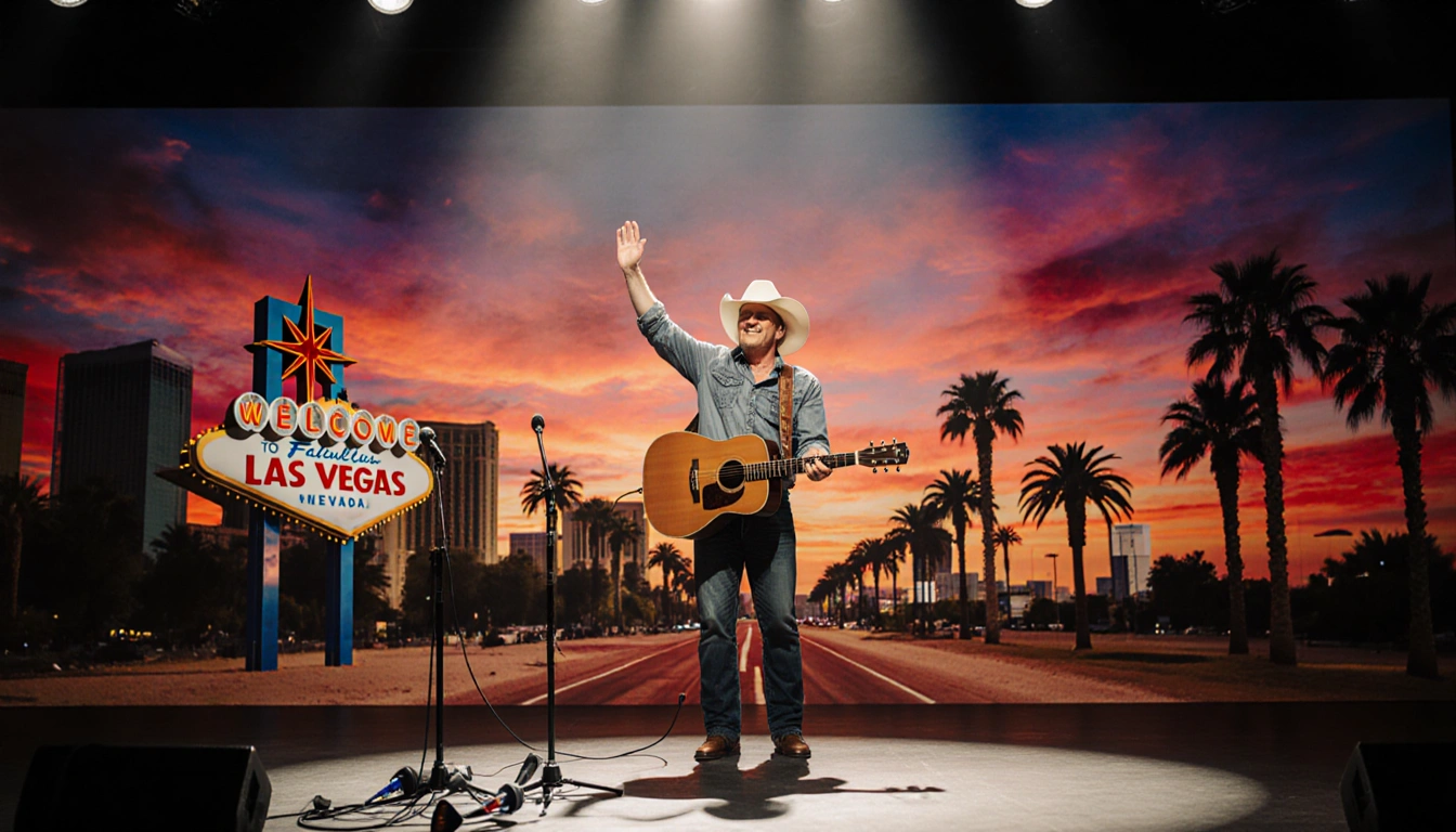 country singer Mac McAnally raising his guitar with a sunset Las Vegas backdrop and scattered microphones and a guitar pick.