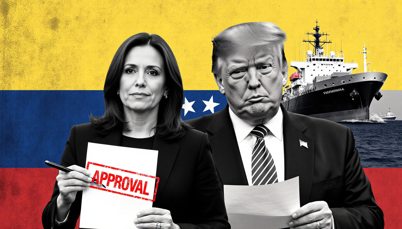 María Corina Machado stands with President Trump holding red approval papers Venezuelan flag and U.S. blockade ship