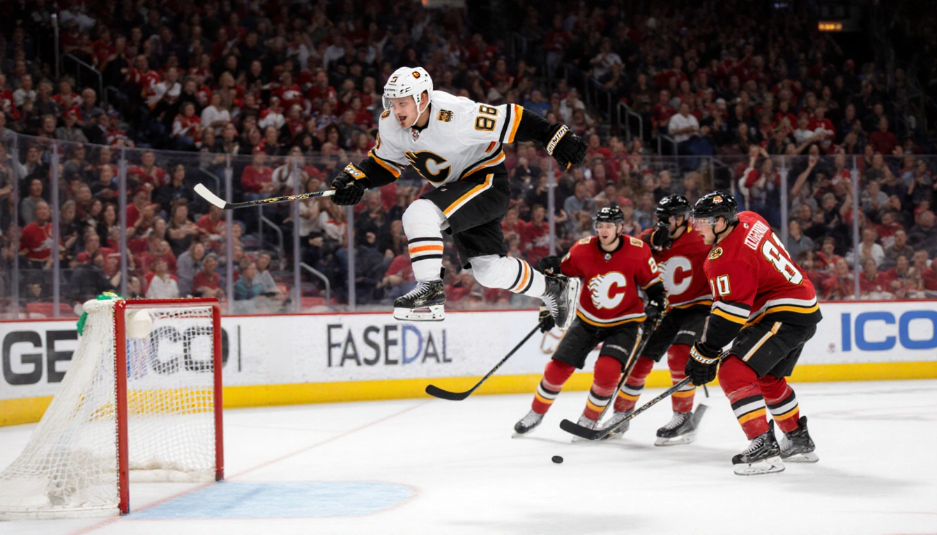 Macklin Celebrini soaring, unleashing a spin‑orama hockey goal, skate on ice teammates cheer.