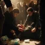 Young woman being cradled by strangers with baby diapers scattered and warm golden light at Macy