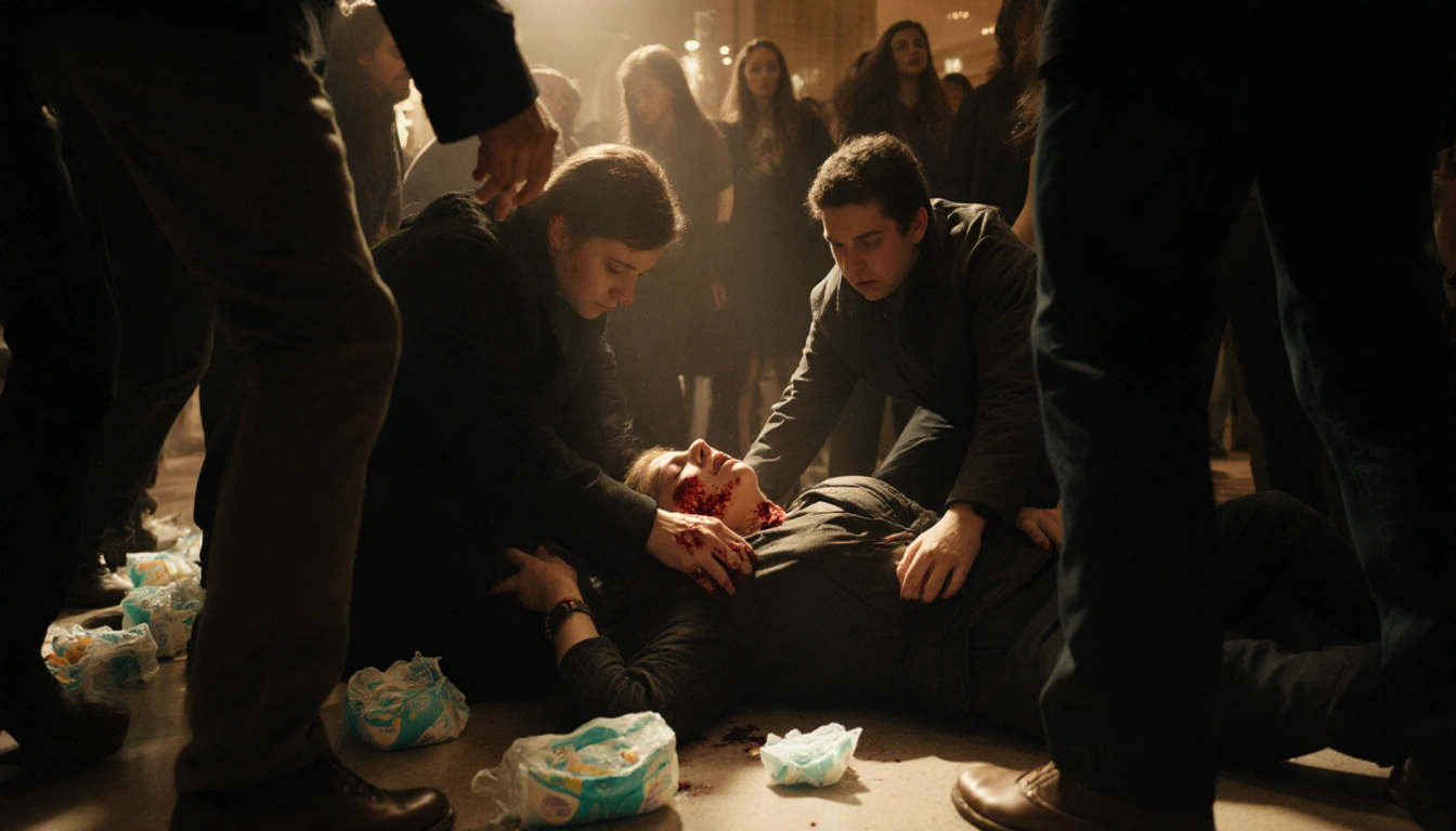 Young woman being cradled by strangers with baby diapers scattered and warm golden light at Macy