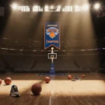 Empty Madison Square Garden court with scattered basketballs and worn sneakers, championship banner lying limp in dim light