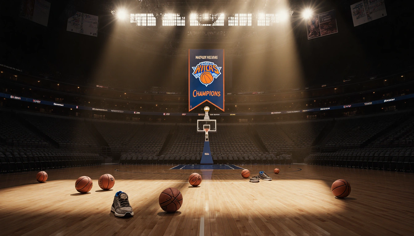 Empty Madison Square Garden court with scattered basketballs and worn sneakers, championship banner lying limp in dim light