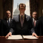Rep. Seth Magaziner stands before House leaders with a leather-bound bill and a faint Capitol building in the window