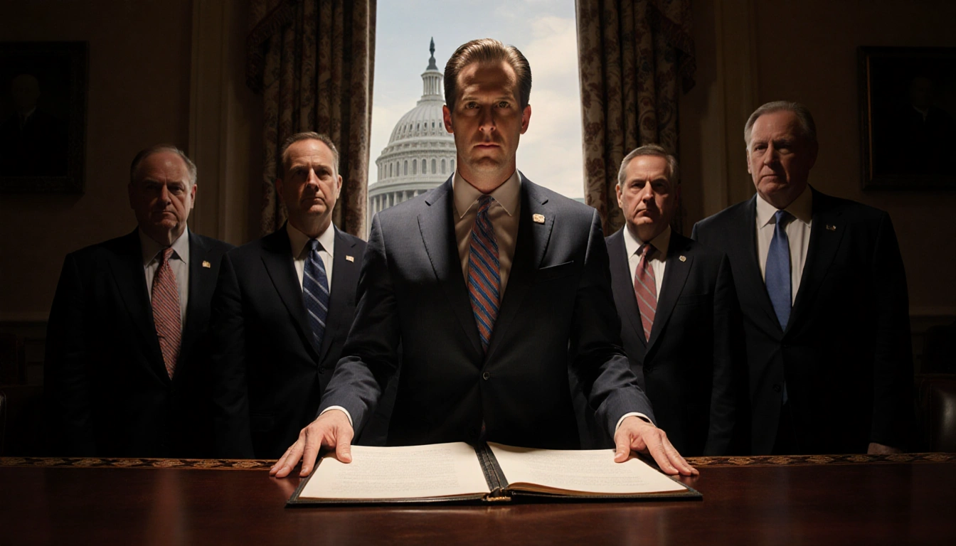 Rep. Seth Magaziner stands before House leaders with a leather-bound bill and a faint Capitol building in the window