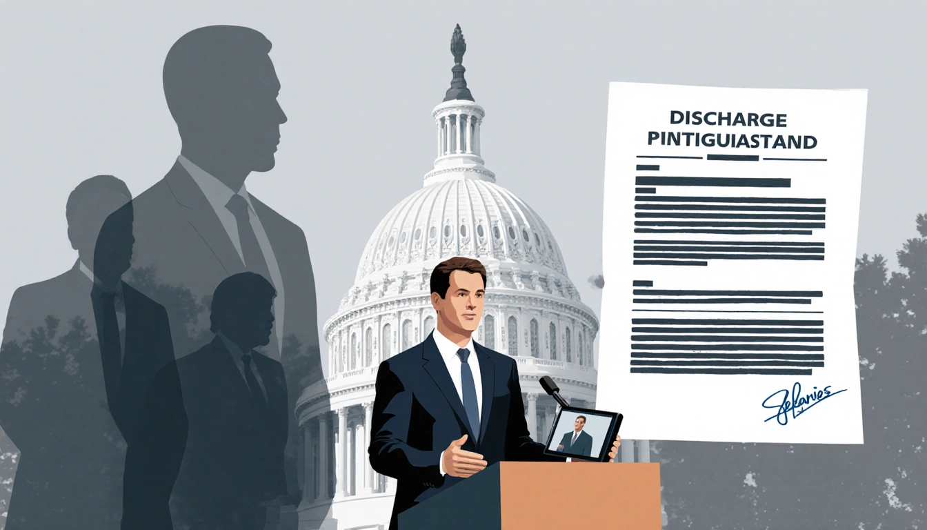 Magaziner presenting discharge petition at a podium with Capitol backdrop and a faint signature hinting Jeffries