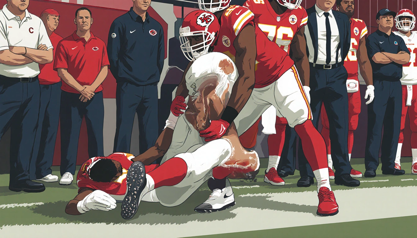 Mahomes falls to ground clutching knee with visible torn ACL while Da'Shawn Hand looms over him on sideline