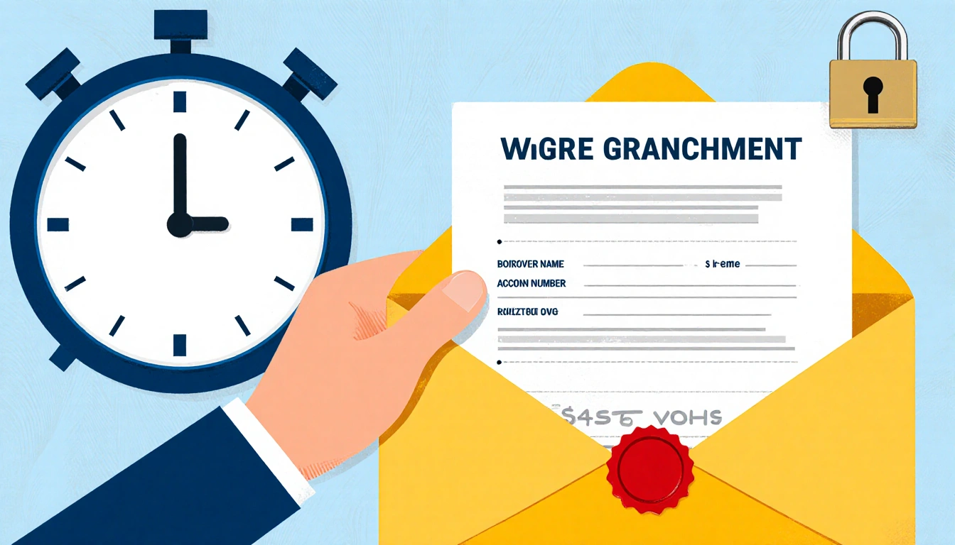 Person opening a yellow envelope with a red seal while ticking clock and garnishment symbol hint at time constraints.