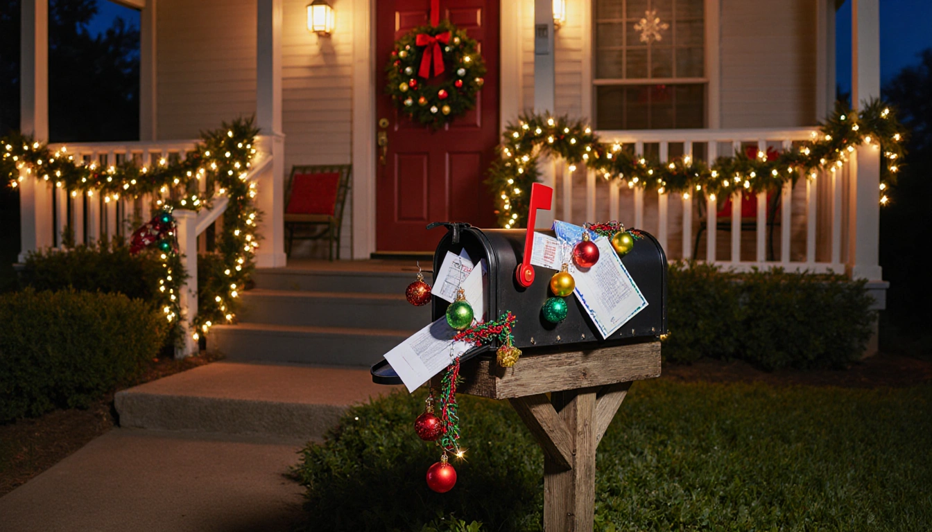 Mailbox overflowing with mail and ornaments with string lights and Christmas light from the house