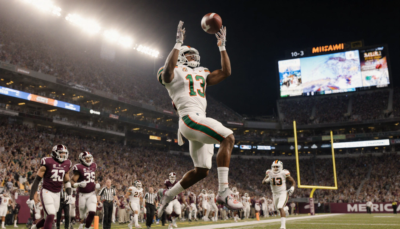Malachi Toney leaps to catch a touchdown pass with Miami Hurricanes logo under stadium lights scoreboard reads 10-3.