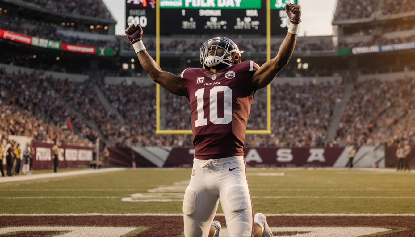 Malachi Toney celebrating touchdown catch with quarterback kneeling and scoreboard glow in sunset background