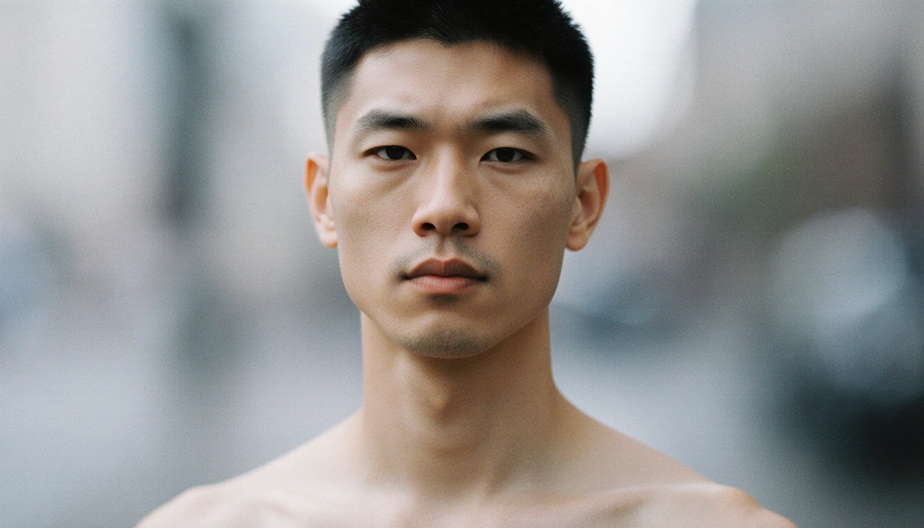 Male standing with neutral expression and short dark hair lean figure and average stature against blurred background