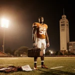 Malik Muhammad standing on Texas football field with UT Tower wearing and holding case programs lie abandoned nostalgic mood