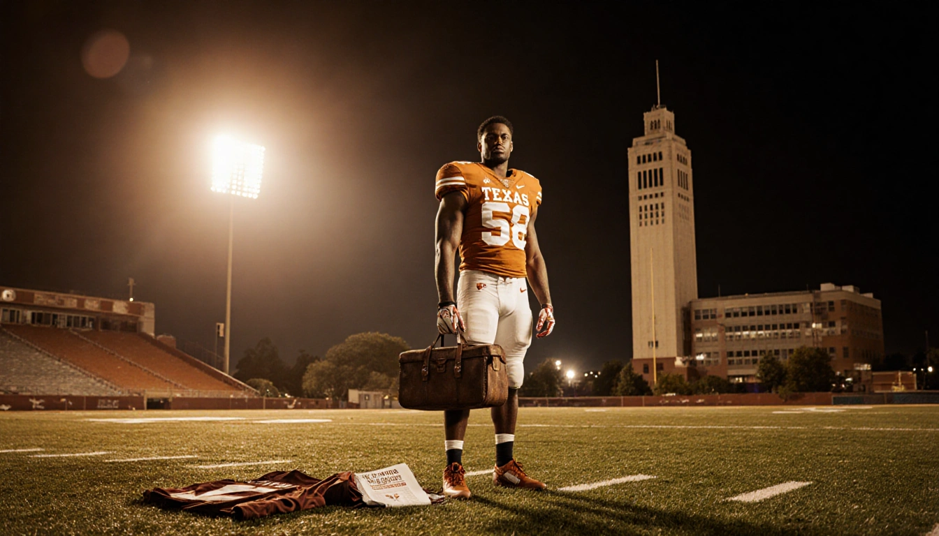 Malik Muhammad standing on Texas football field with UT Tower wearing and holding case programs lie abandoned nostalgic mood