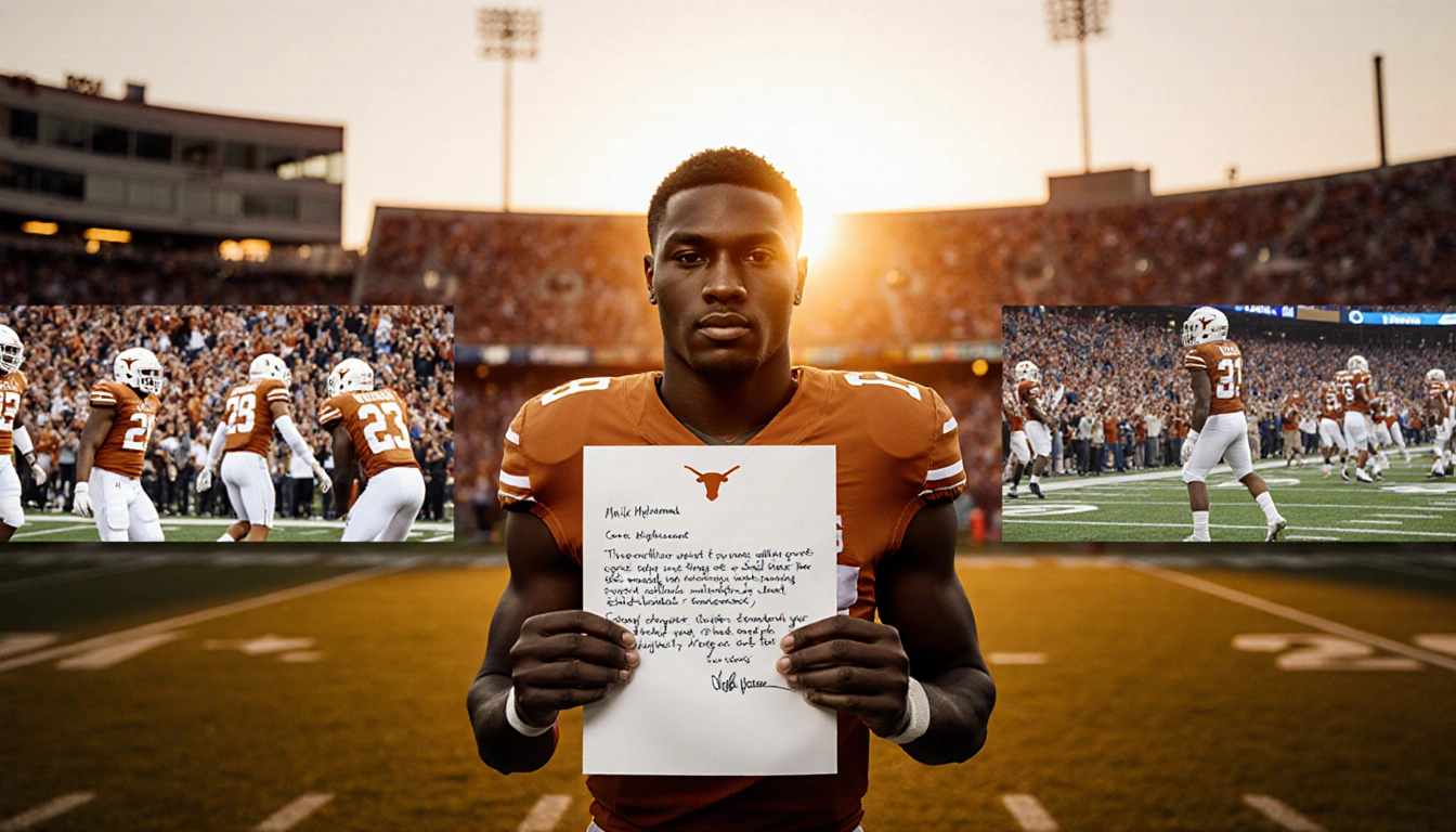 Malik Muhammad holding a handwritten letter with a split-screen game montage in front of a sunset football field announcing t