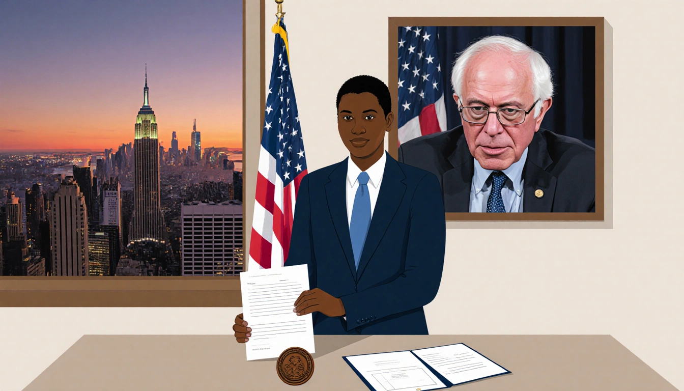 Mamdani standing in front of an American flag holding a notary seal with a dusk New York skyline behind