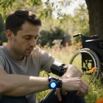 Man sits in backyard gazing at robotic arm on his wrist with hopeful expression