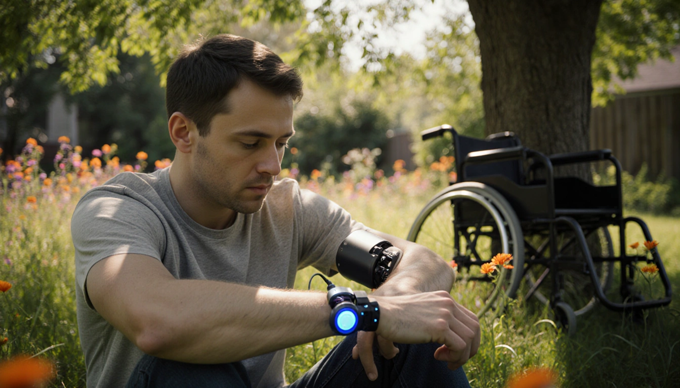 Man sits in backyard gazing at robotic arm on his wrist with hopeful expression