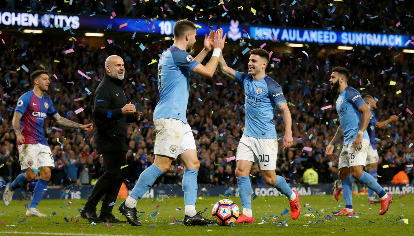 Pep Guardiola high‑fiving Erling Haaland with confetti swirling and a roaring crowd in the Manchester City stadium