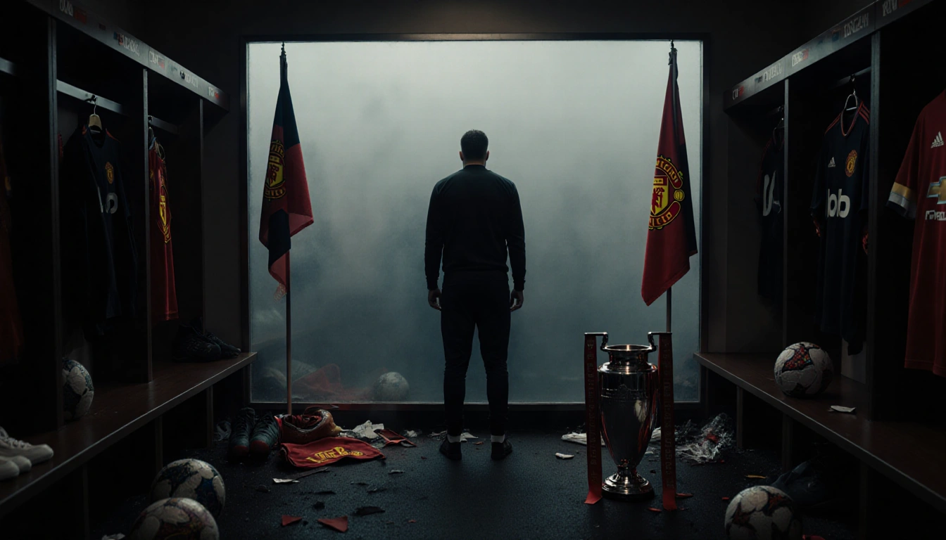 Ruben Amorim standing alone with a foggy locker room mirror shattered trophies near scattered football gear reflecting defeat