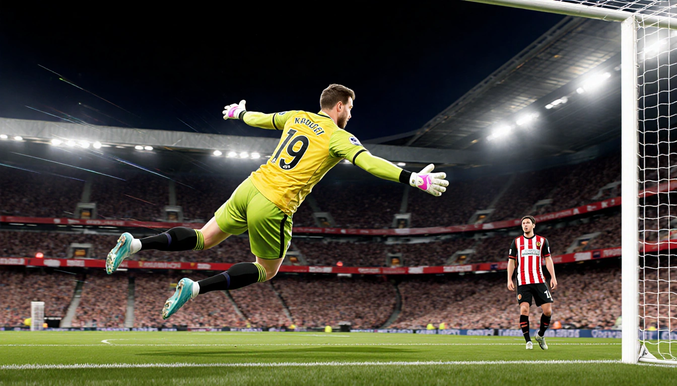 David de Gea leaps to save a United free‑kick with stadium lights blazing and Kroupi watching shocked on the sidelines.
