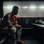 Manchester United players huddling in injury with Bruno Fernandes holding ice pack and Kobbie Mainoo on table wearing cast