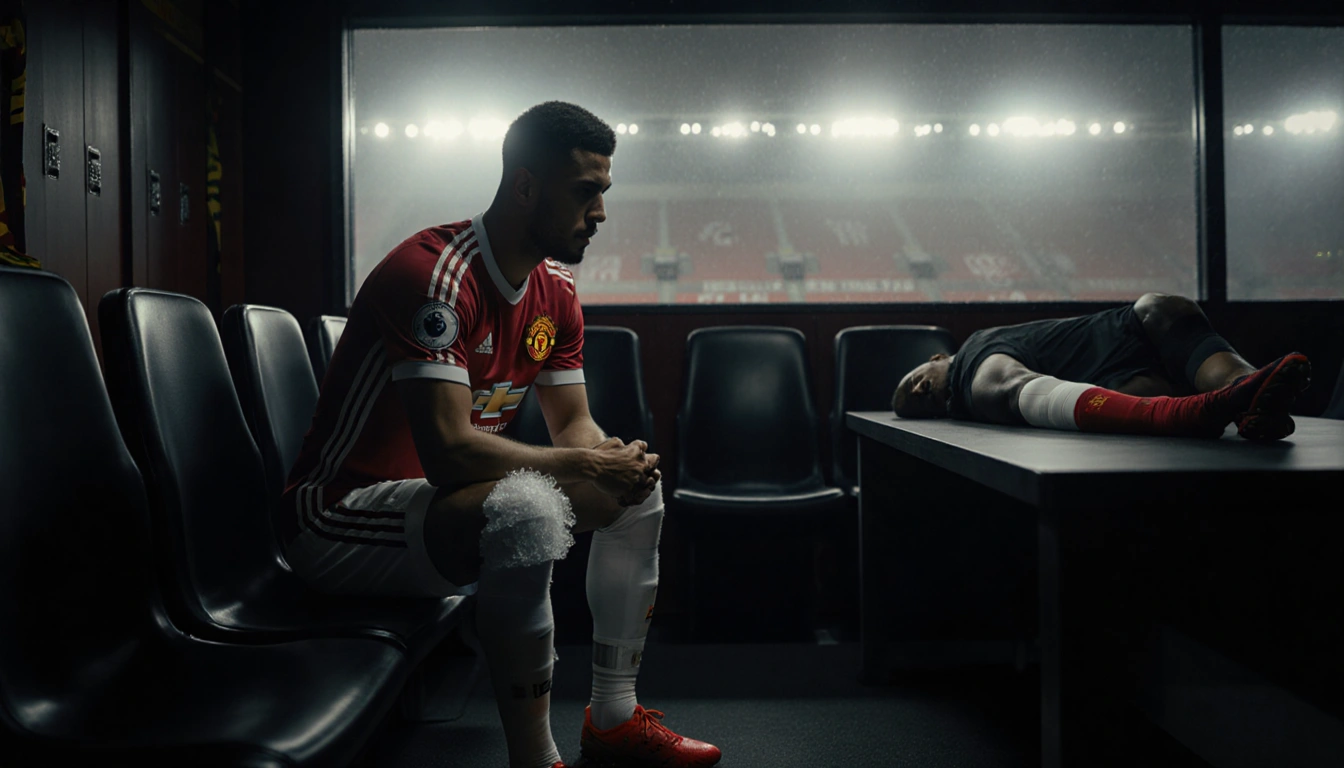 Manchester United players huddling in injury with Bruno Fernandes holding ice pack and Kobbie Mainoo on table wearing cast