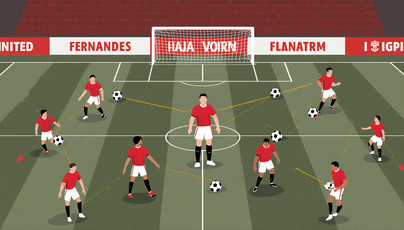 Manchester United midfielders converge around an empty spot with dynamic passes and red accents showing teamwork