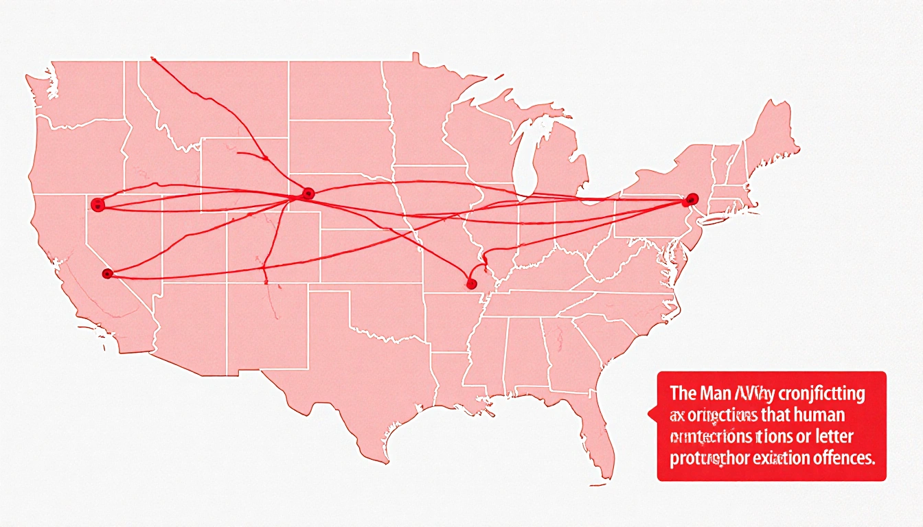 State map with crossing transportation lines and pink hues representing Mann Act with two small rectangles bottom right