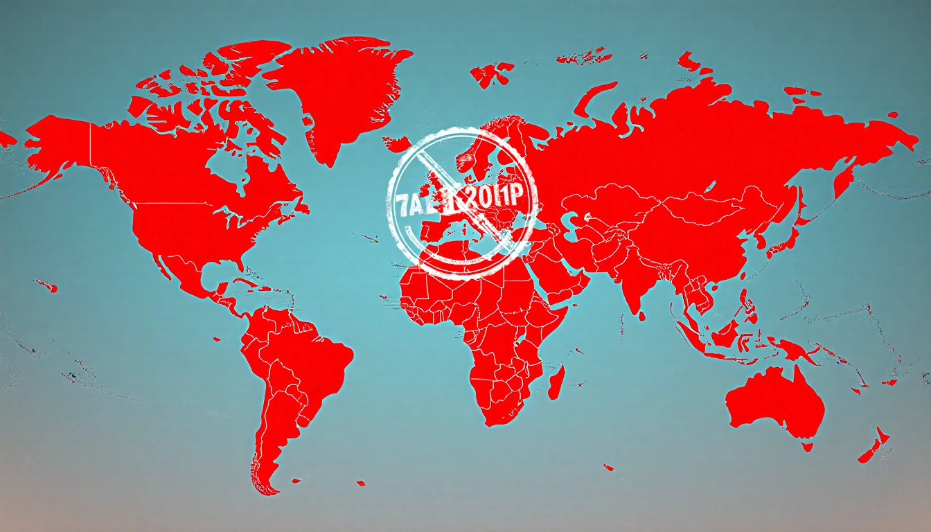 Map showing 15 red highlighted countries in a semi-circle with central border control icon and visa stamp