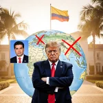 Donald Trump scowling with map of Colombia and US marked by red Xs and flag above Mar-a-Lago