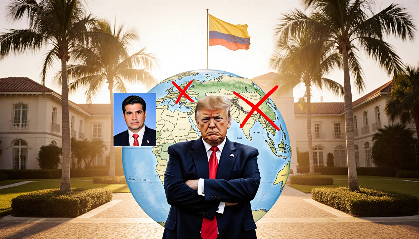 Donald Trump scowling with map of Colombia and US marked by red Xs and flag above Mar-a-Lago
