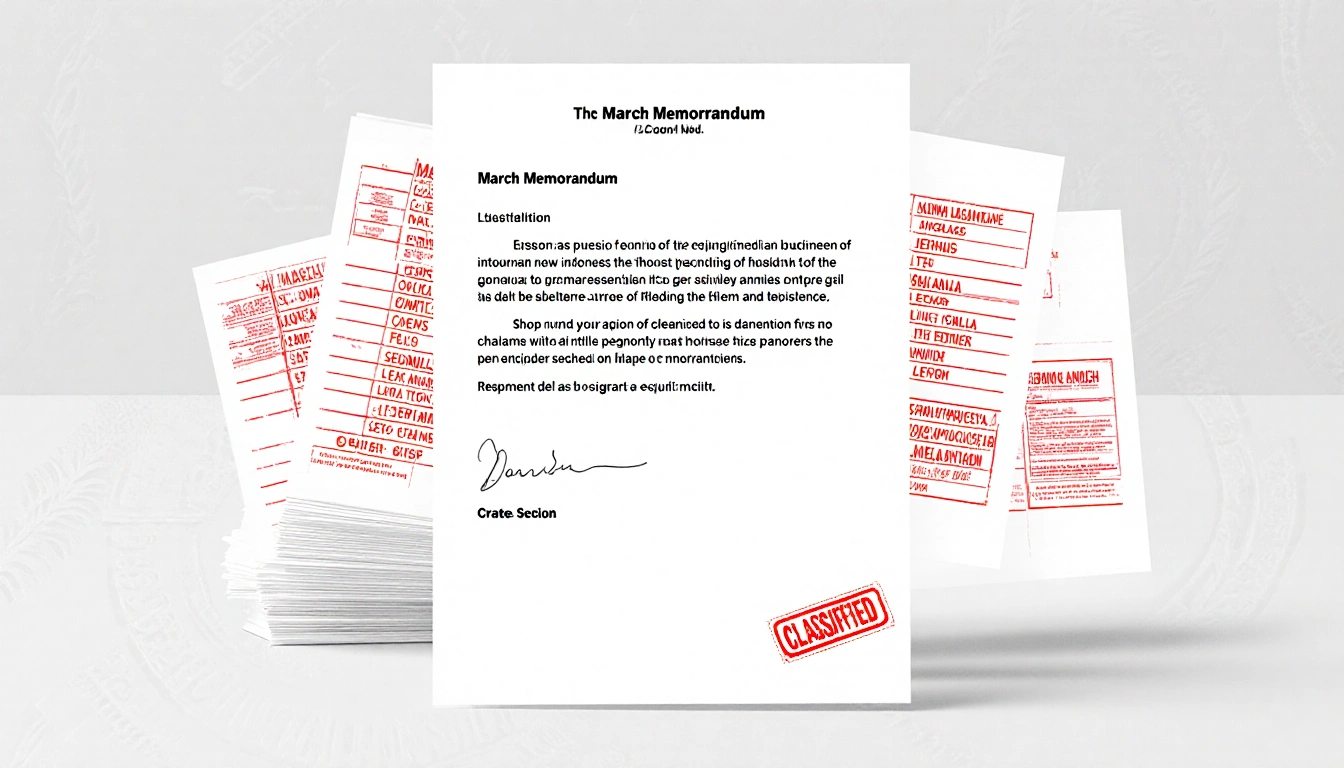 Presidential memorandum titled March Memorandum with a red classified stamp and a pile of documents with names in red against