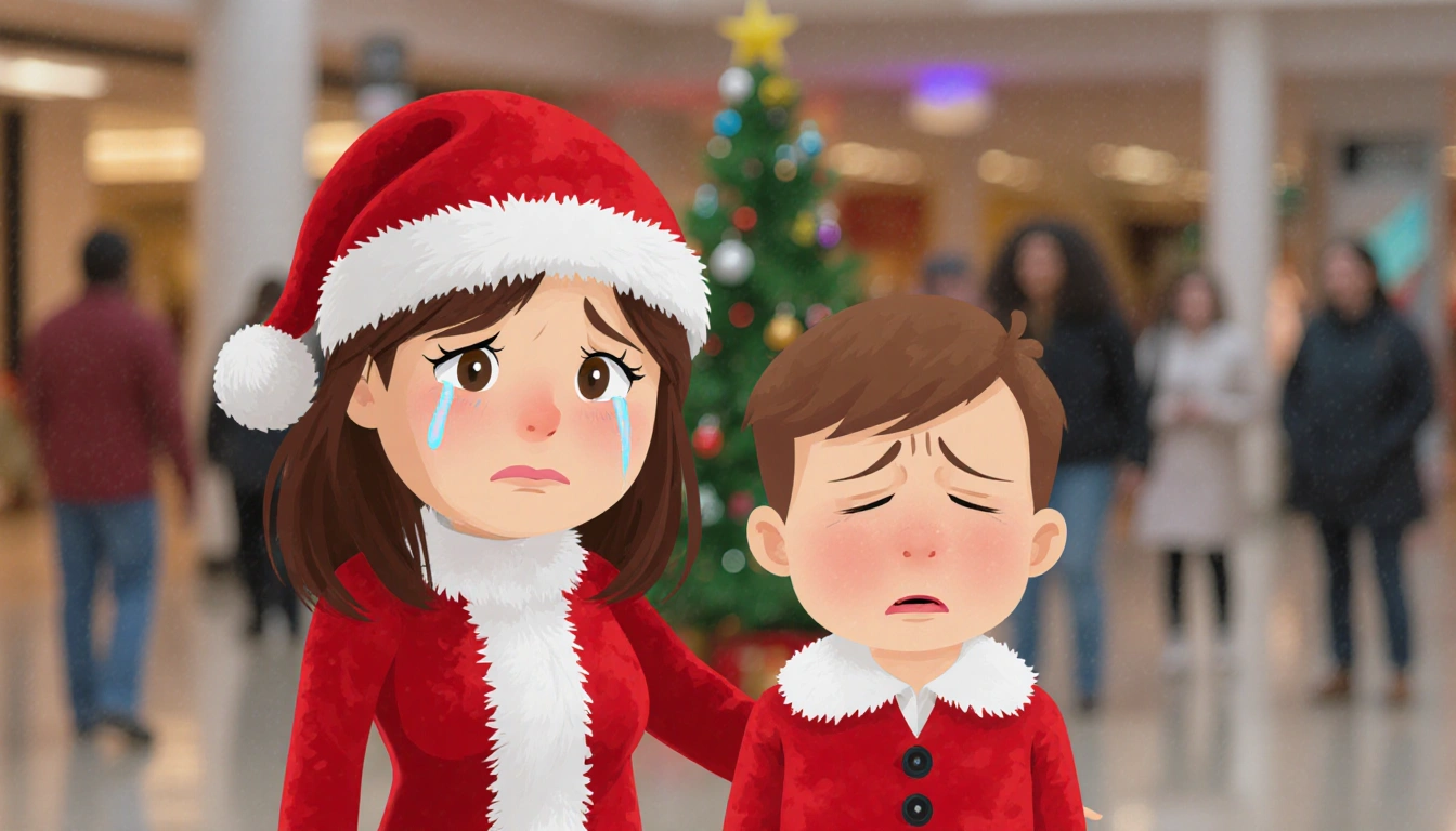 Marcie standing beside her son in a Santa costume with subtle tears and a slumped posture near a blurred mall backdrop
