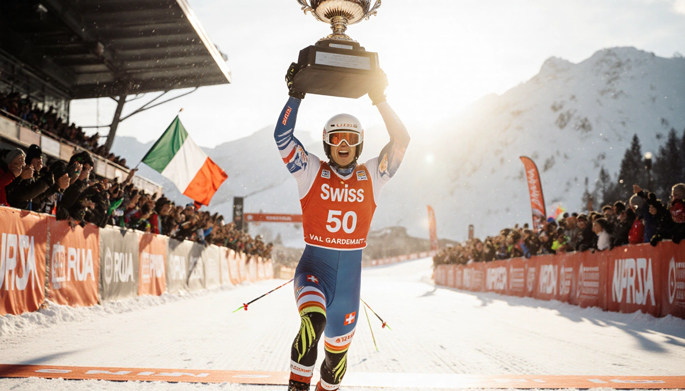 Marco Odermatt crosses the finish line with his 50th World Cup trophy and fans cheering under golden hour light