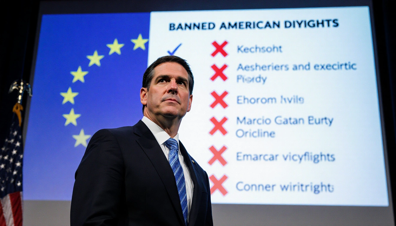 Marco Rubio standing before a screen with banned viewpoints and a faint EU flag in the background with determined expression