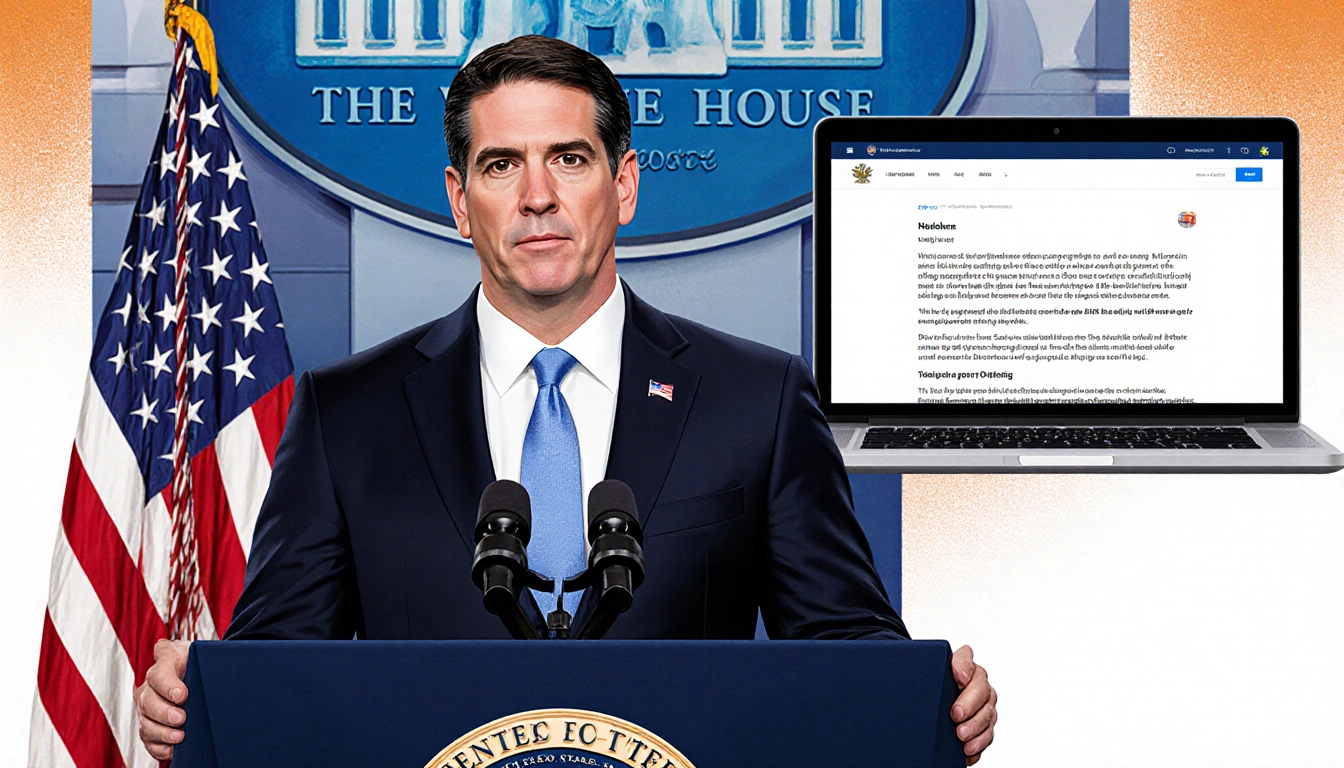 Secretary Marco Rubio speaking into microphone with podium and American flags behind him and laptop screen showing X platform