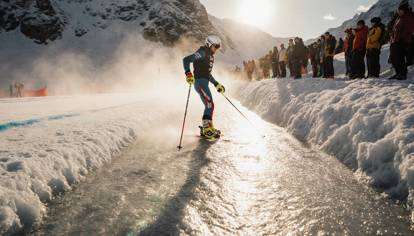 Marco Schwarz victorious holding giant slalom pole with gloved hand and skis slightly ajar on snowy slope