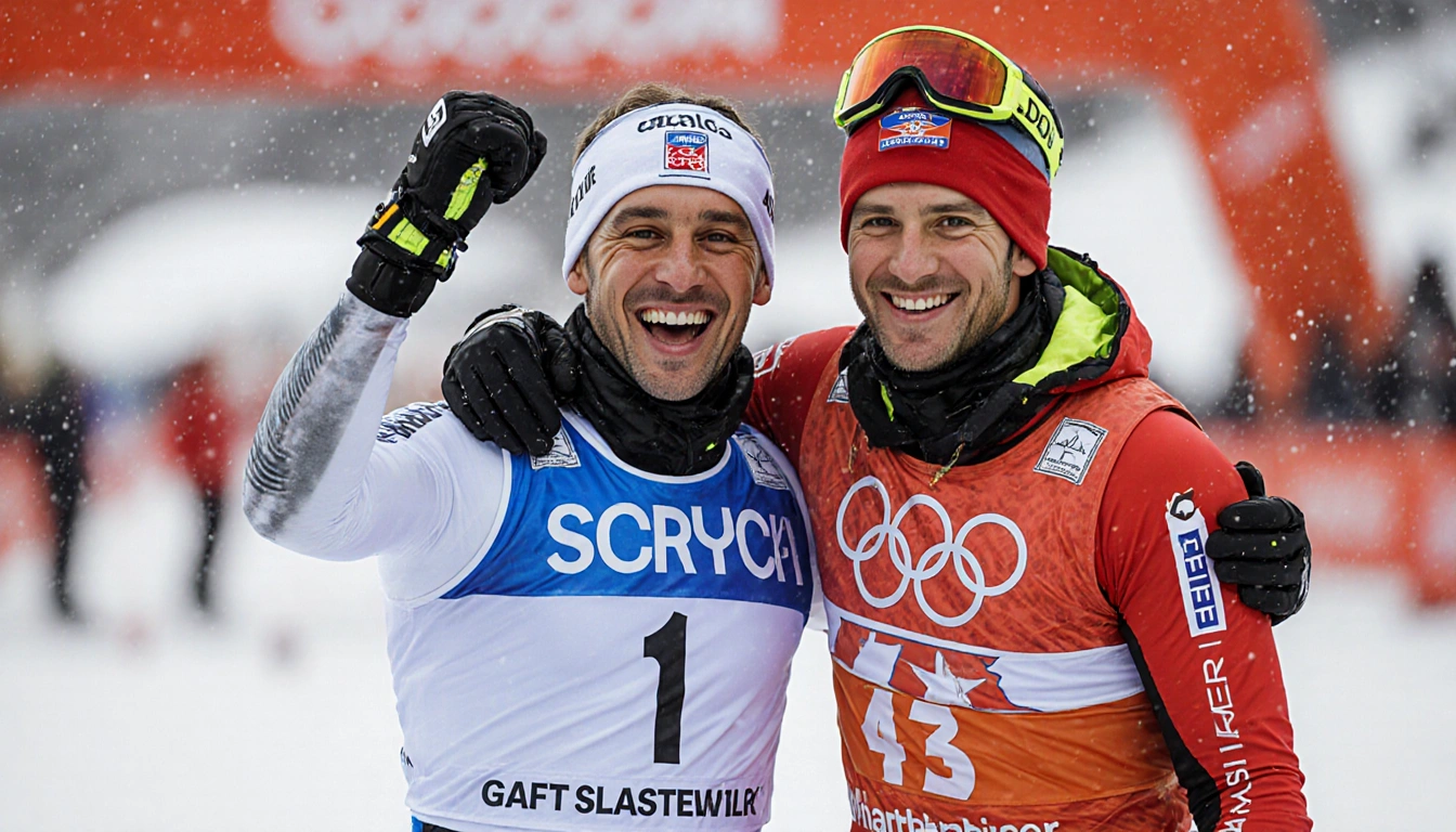 Marco Schwarz hugging teammate Stefan Brennsteiner with a grin at the finish line wearing No.1 bib celebrating slalom victory