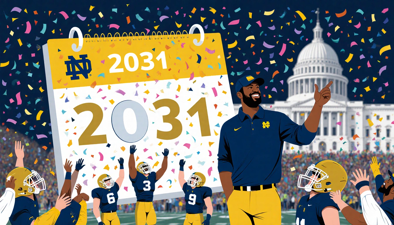 Notre Dame football coach Marcus Freeman celebrates with confetti and swirling patterns while a calendar shows 2031 in the ba