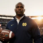 Marcus Freeman the coach standing with a football and 2031 contract details in front of Notre Dame stadium under sunset.