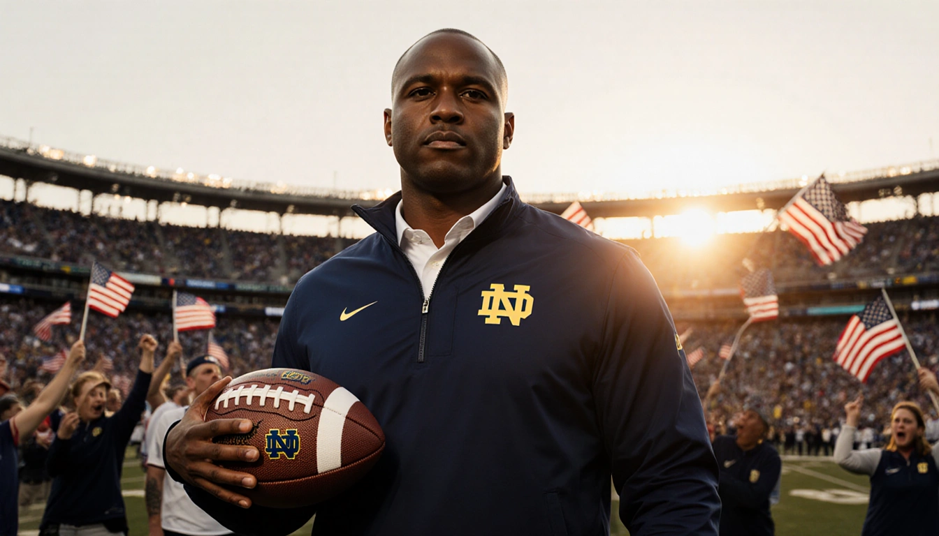 Marcus Freeman the coach standing with a football and 2031 contract details in front of Notre Dame stadium under sunset.