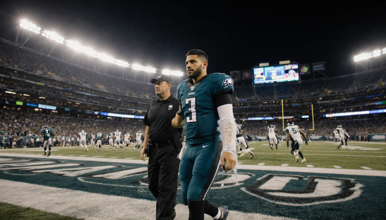 Marcus Mariota walking away from field with ice wrapped hand and trainer support under bright stadium lights
