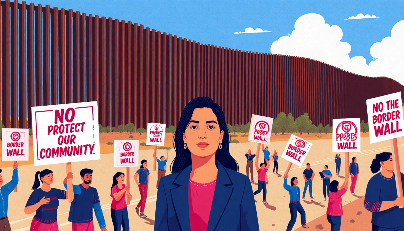 Margarita Araiza stands defiantly with protesters holding signs near a towering border wall.