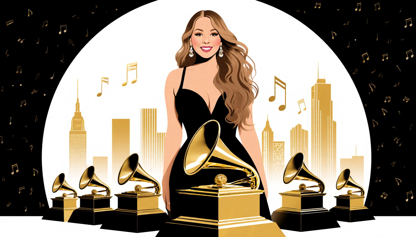 Mariah Carey standing before a Grammy trophy with six gold trophies in a circle and city skyline backdrop.