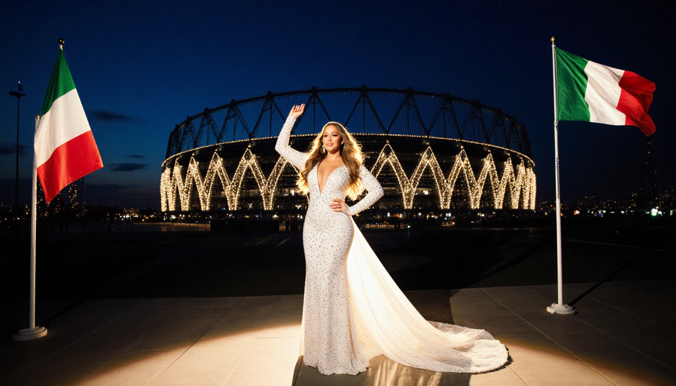 Mariah Carey raising an arm with a sparkling white gown and Italian flag and Olympic lights behind the San Siro stadium.