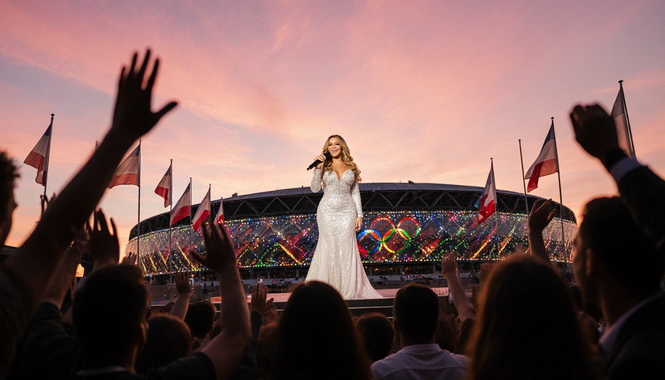 Mariah Carey sings atop San Siro steps with microphone and sparkling gown against sunset sky and twinkling lights